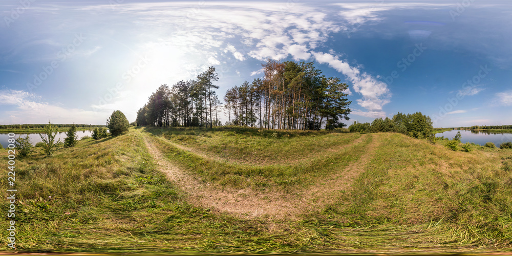 full seamless spherical panorama 360 by 180 angle view on the shore of width river neman in sunny summer day in equirectangular projection, ready VR virtual reality content