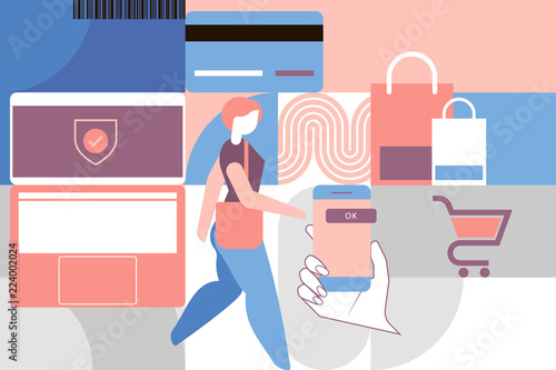 Online shopping concept desktop with computer and paper bag, isometric illustration