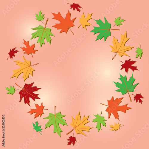 colorful frame of leaves on rosy background - vector