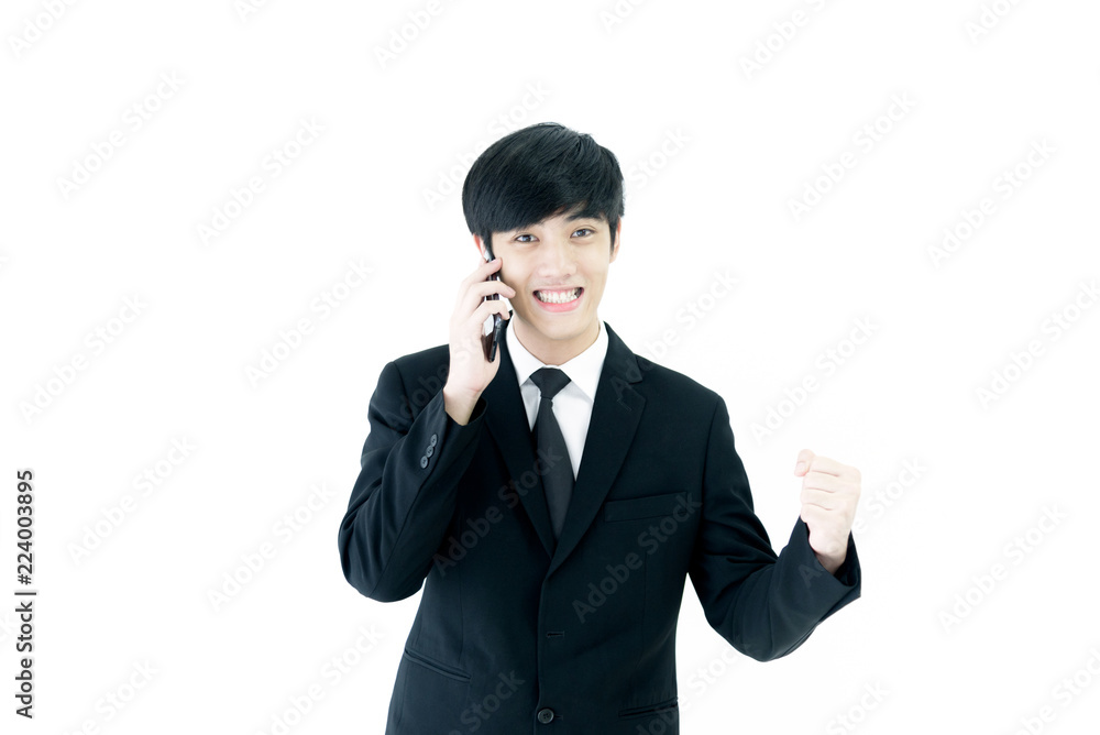 Asia businessman with black suit and black necktie has feeling victory isolated on white background. Asia businessman with black suit and black necktie has feeling victory isolated on white background.