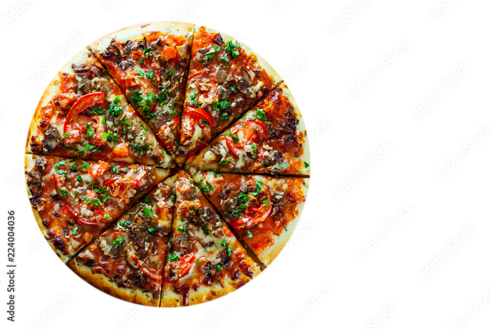 Pizza with Mozzarella cheese, mushrooms, Tomatoes, pepper, Spices and Fresh Basil. Italian pizza. isolated on white background. with copy space. top view