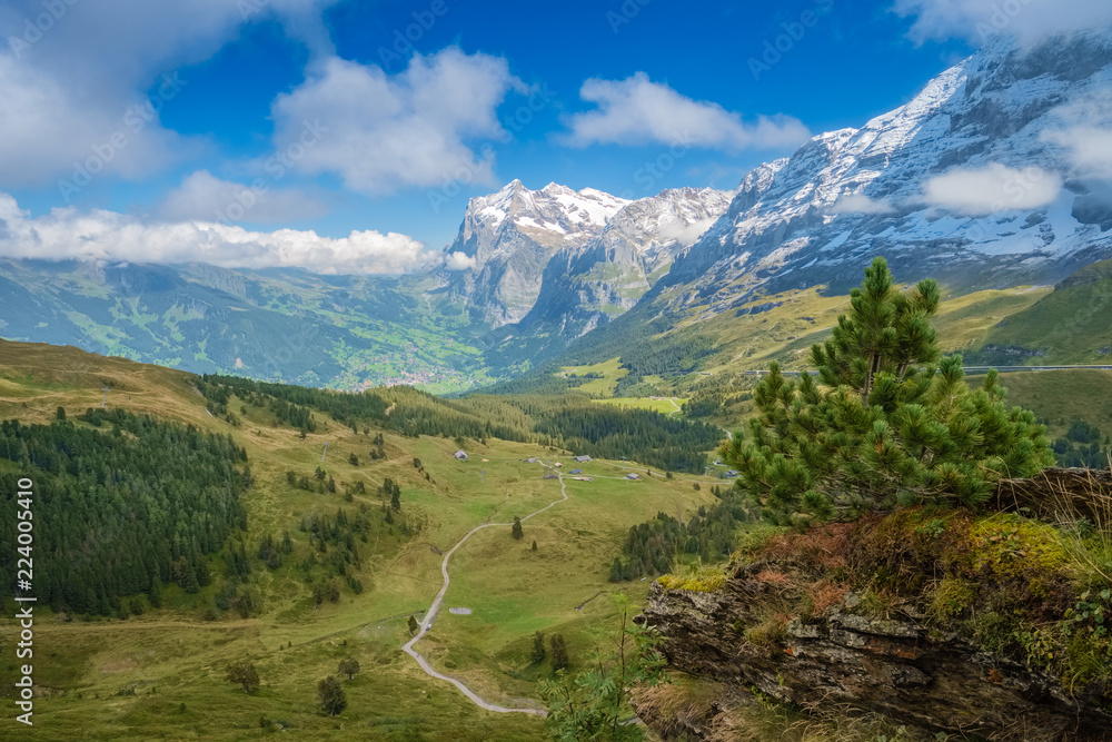 View from Kleine Scheidegg at Grindelwald (Berner Oberland, Switzerland). The Kleine Scheidegg is a mountain pass (2,061 metre), situated between the Eiger and Laubhorn. The name means minor watershed