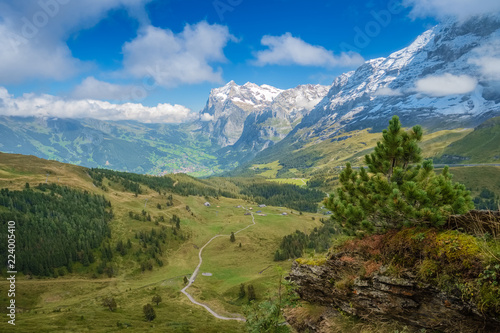 View from Kleine Scheidegg at Grindelwald (Berner Oberland, Switzerland). The Kleine Scheidegg is a mountain pass (2,061 metre), situated between the Eiger and Laubhorn. The name means minor watershed