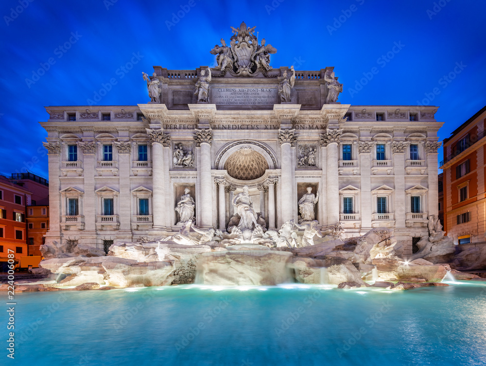 Trevi fountain at sunrise, Rome, Italy. Rome baroque architecture and landmark. Rome Trevi fountain is one of the main attractions of Rome and Italy