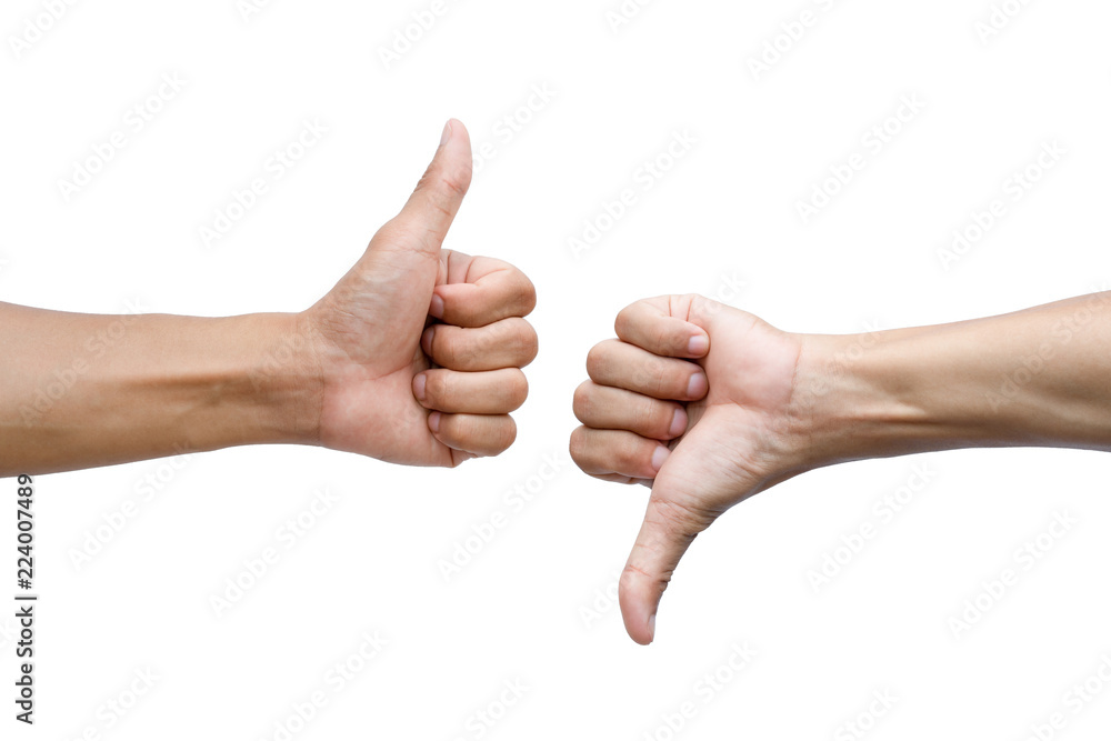 Thumbs up and thumbs down on white background - obrazy, fototapety, plakaty 