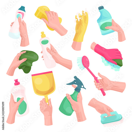 Hands with cleaning tools and cleanser rag