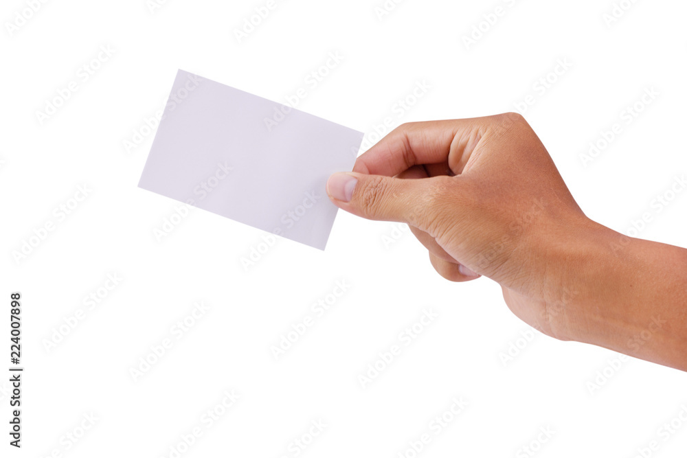 Hand holding blank business card isolated on white background - clipping paths Hand holding blank business card isolated on white background - clipping paths