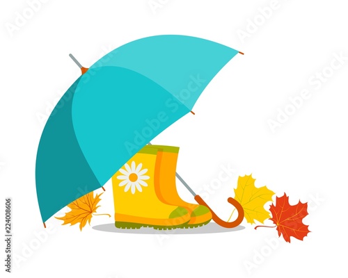Umbrella, rubber boots and autumn leaves. Bright, positive vector illustration. Isolated on white background.