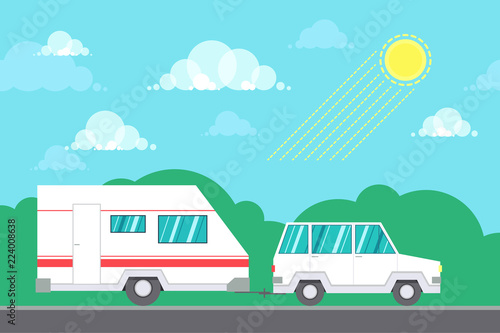 Road travel poster with car and camping trailer on highway. Flat style design illustration. © olha_oleskova