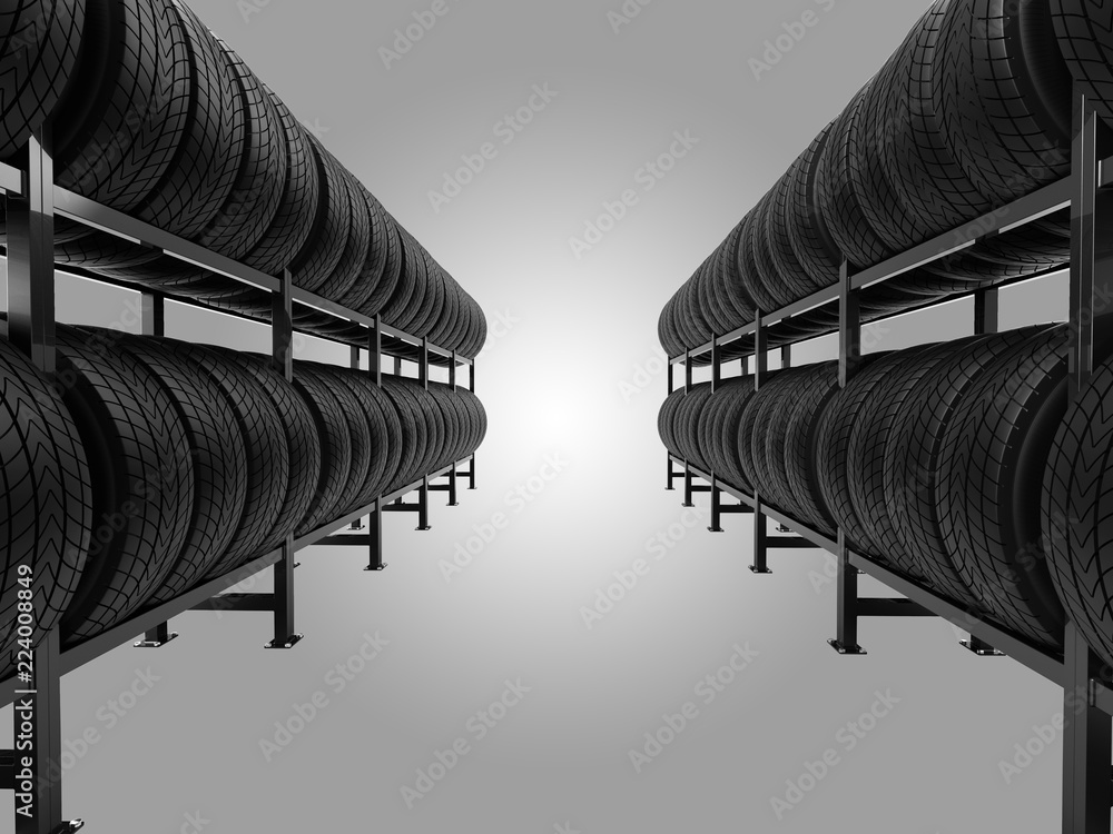 Car tires on rack. Car tires on rack. 3d illustration. Stock ...