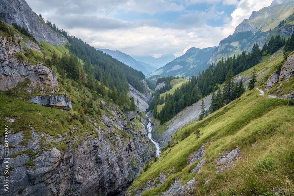 Spectacular views in Kiental from Griesalp to Obere Bundalp. Kiental is a village and valley in the Bernese Alps (Switzerland) and belongs to the community of Reichenbach im Kandertal.
