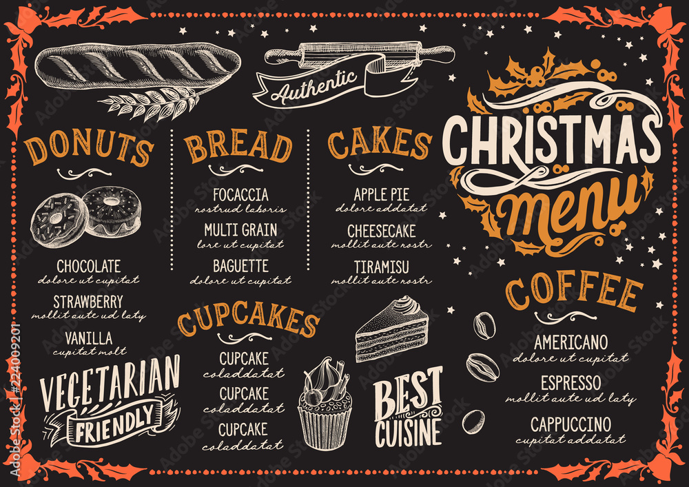 Christmas menu template for bakery on blackboard. Stock Vector | Adobe