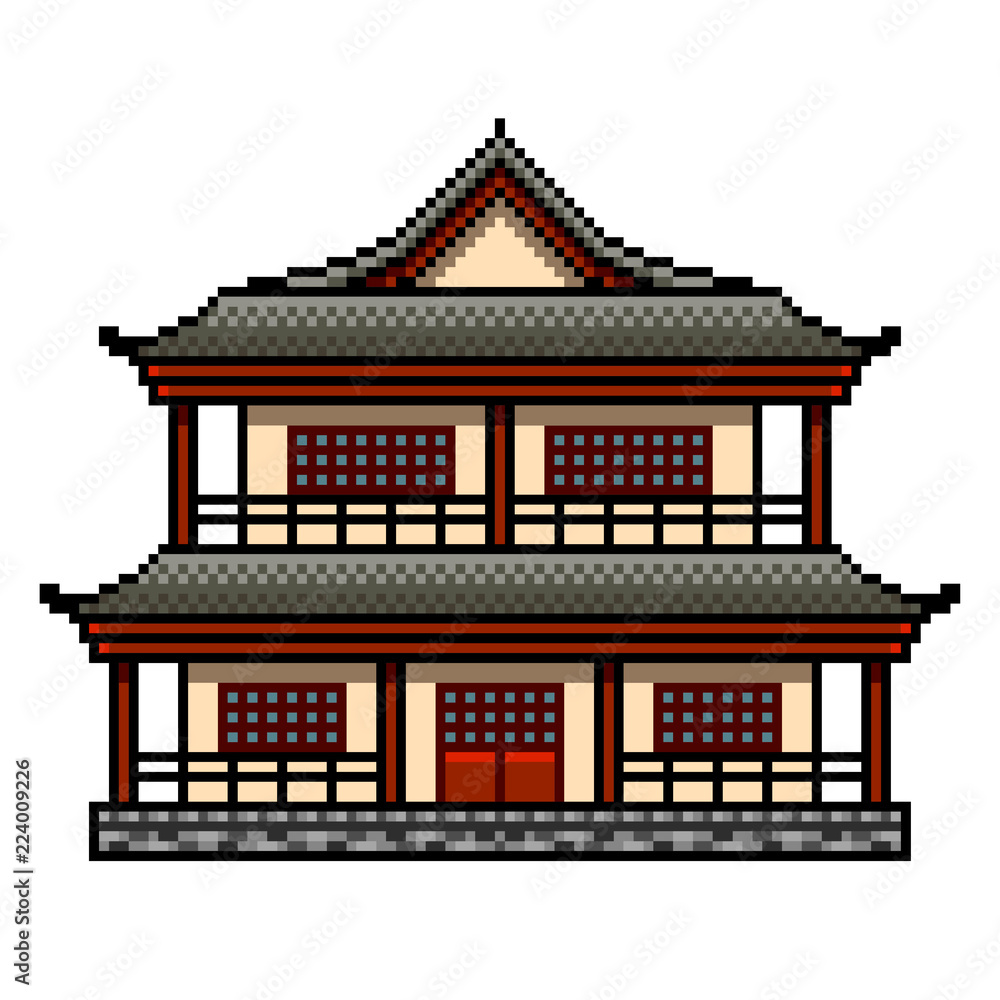 Pixel art japanese house detailed isolated vector