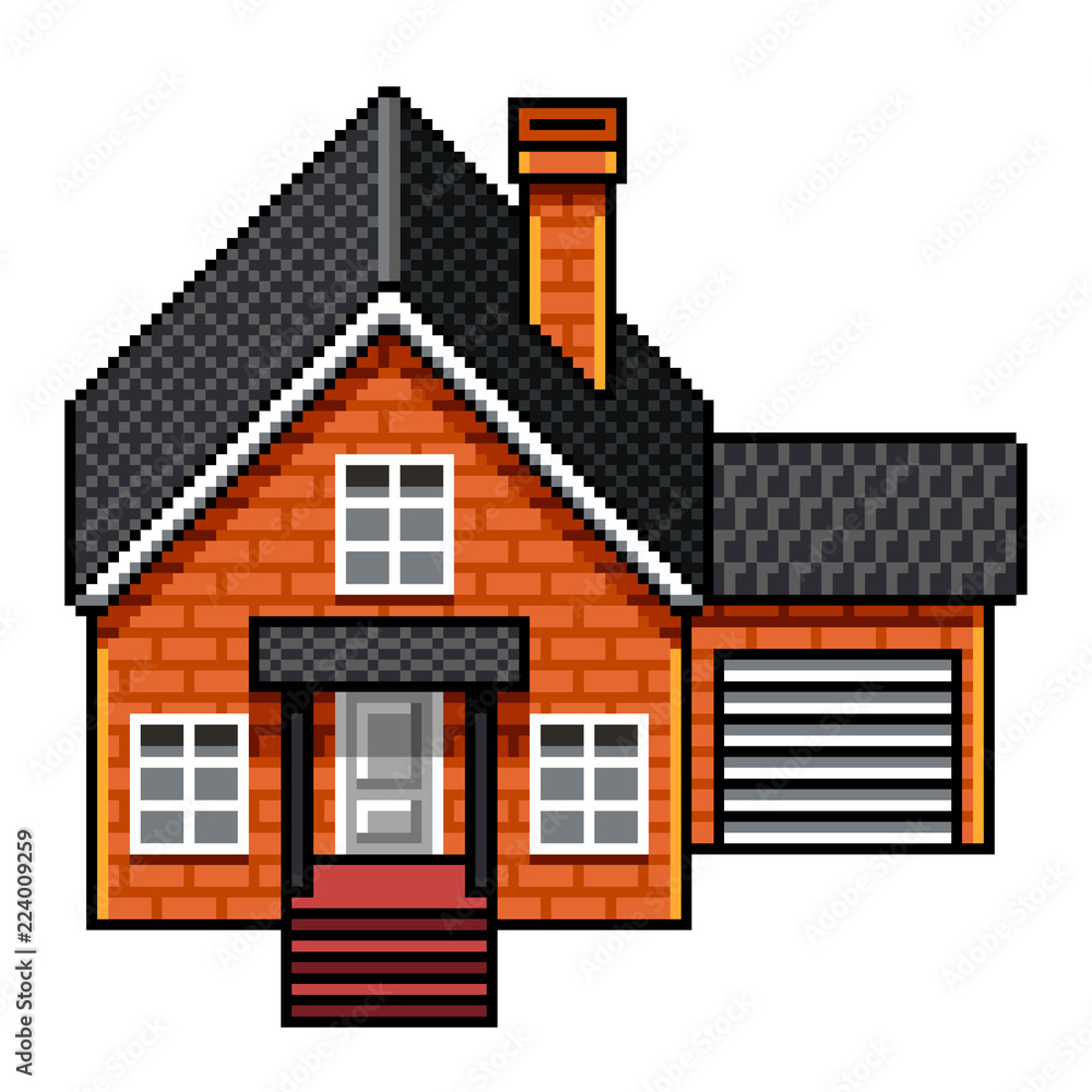 Pixel art modern brick house isolated vector