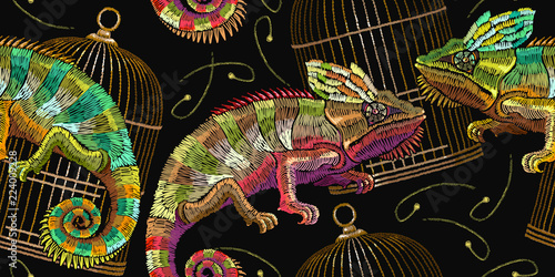 Embroidery color chameleons and golden bird's cages seamless pattern. Classical embroidery lizard chameleons. Template for clothes, textiles, t-shirt design