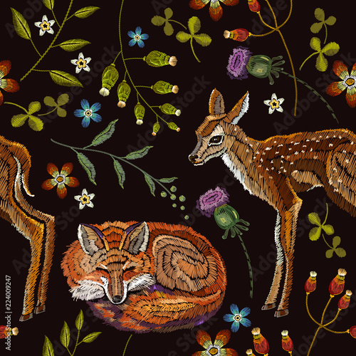 Embroidery deers and fox seamless pattern. Classical forest embroidery autumn leaves, spring flowers, deers outdoors seamless pattern. Template for design of clothes, t-shirt design