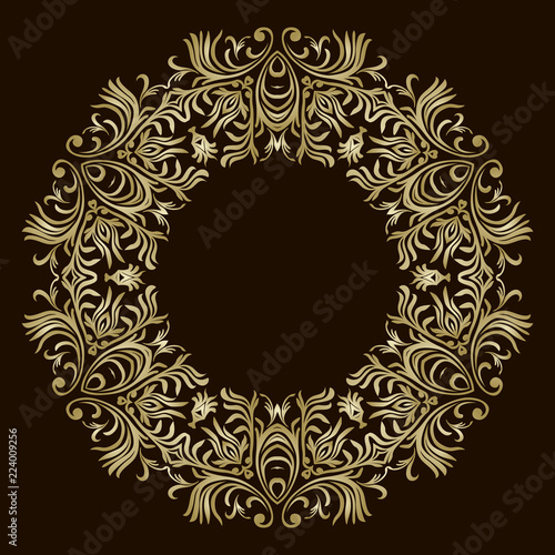 Background with gold ornament mandala. For wedding invitation, book cover or flyer. Round design element. Can be used for wallpaper, background, surface texture
