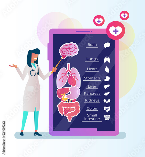Woman doctor specialist character consulting and educations by smartphone internet. Online medicine consultation service lessons platform website