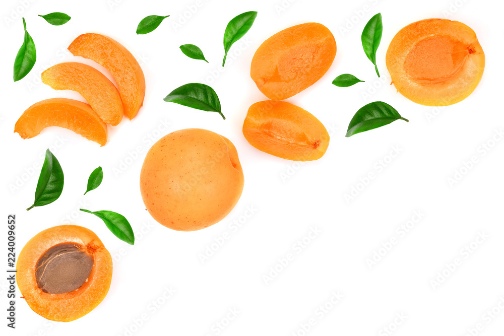 Apricot fruits with leaves isolated on white background with copy space for your text. Top view. Flat lay pattern Apricot fruits with leaves isolated on white background with copy space for your text. Top view. Flat lay pattern