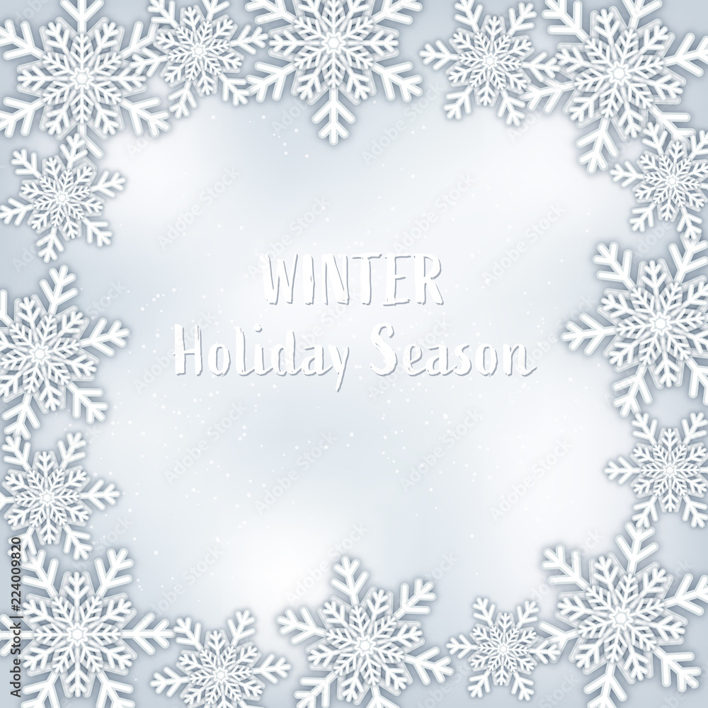 Origami Snowfall. Merry Christmas greetings card. Paper cut snow flake. Happy New Year. White winter snowflakes background as holidays concept. vector illustration.
