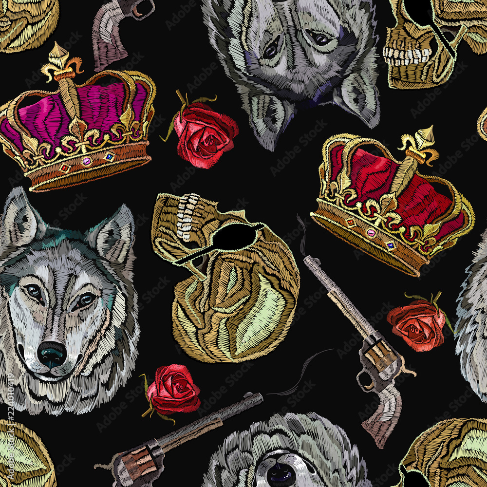 Embroidery golden crown, guns, wolf head, human skull and roses seamless  pattern. Fashion template for clothes, textiles, t-shirt design Stock  Vector | Adobe Stock