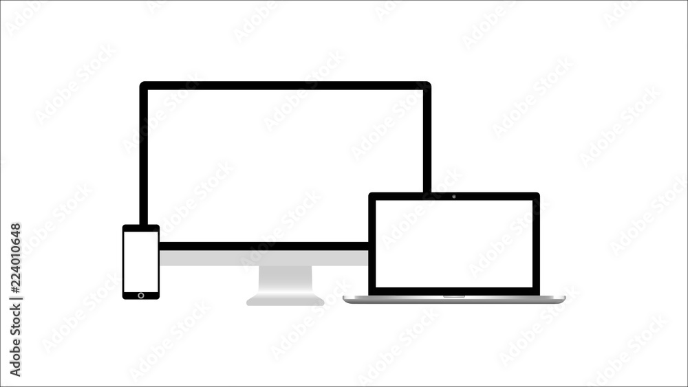 Isolated desktop monitor laptop and smartphone mockup on white background. Screen device vector Illustration. EPS10 compatible Isolated desktop monitor laptop and smartphone mockup on white background. Screen device vector Illustration. EPS10 compatible