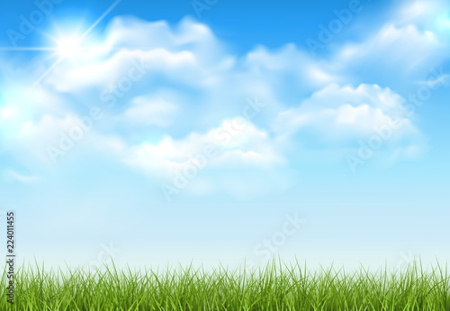 Beautiful vector sunny lawn or meadow with fluffy clouds and sun in the sky