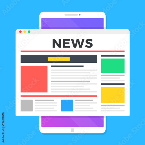 Reading news on smartphone. Online newspaper website opened in mobile browser on smart phone. News app, online media. Modern flat design. Vector illustration