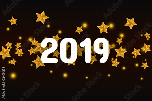 2019 year card with scattered golden stars and bokeh lights on black background.