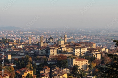 Bergamo, Italy. View of old town, Città Alta, from San Vigilio hill.