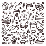 Monochrome Coffee set. Doodle style set of coffee tableware and sweet snacks. Exellent for menu design and cafe decoration. collection of coffee tableware and snacks. Cartoon style vector illustration