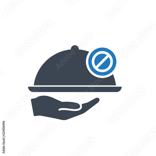 Restaurant icon, Tray on the hand concept icon with not allowed sign. Restaurant icon and block, forbidden, prohibit symbol