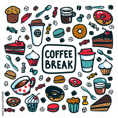 Coffee break concept. Time for a coffee break. Colorful doodle style cartoon set of objects and symbols on coffee time theme. Coffee cups and sweets on light background. Vecror illustration