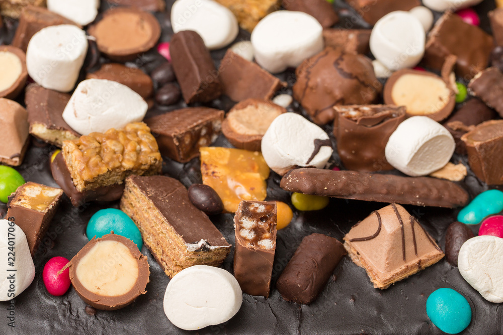 Chocolate cake candy bar closeup Chocolate cake candy bar closeup
