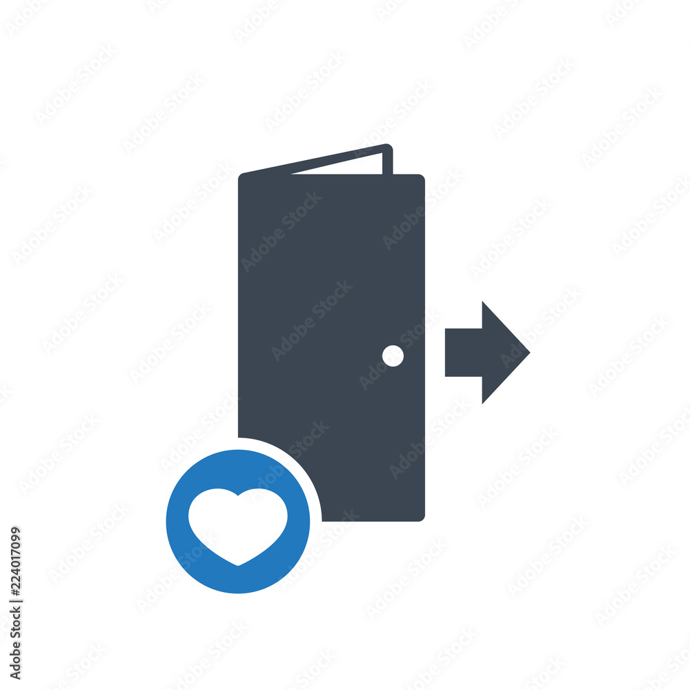 Exit icon, emergency, escape, evacuation concept icon with heart sign. Exit icon and favorite, like, love, care symbol Exit icon, emergency, escape, evacuation concept icon with heart sign. Exit icon and favorite, like, love, care symbol