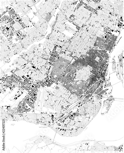 Cartina di Montreal, vista satellitare, mappa in bianco e nero. Stradario e mappa della città. Canada