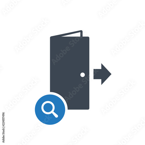 Exit icon, emergency, escape, evacuation concept icon with research sign. Exit icon and explore, find, inspect symbol