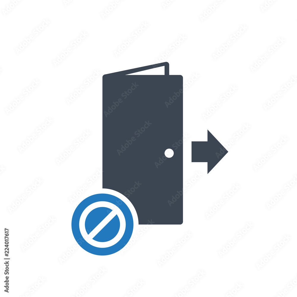 Exit icon, emergency, escape, evacuation concept icon with not allowed sign. Exit icon and block, forbidden, prohibit symbol Exit icon, emergency, escape, evacuation concept icon with not allowed sign. Exit icon and block, forbidden, prohibit symbol