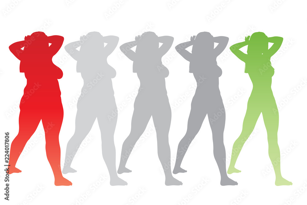 Conceptual fat overweight obese female vs slim fit healthy body after weight loss or diet with muscles thin young woman isolated. Fitness, nutrition or fatness obesity, health silhouette shape Conceptual fat overweight obese female vs slim fit healthy body after weight loss or diet with muscles thin young woman isolated. Fitness, nutrition or fatness obesity, health silhouette shape