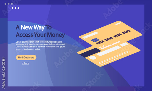 Credit Card advertising isometric Vector illustration. Design for Landing Page. Contactless bank credit (debit) card promotion creative concept. Isometric illustration in flat style. Modern design