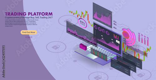 Online Statistics and Data Analytics, Landing page template. 3D Isometric. Digital money market, investment, finance and trading. Data Analysis for website and mobile website. Vector 3d illustration 