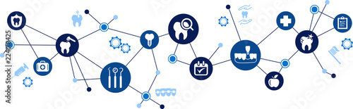 dental care / dentistry / oral hygiene / dental treatment vector illustration – connected dental health symbols in an abstract concept photo