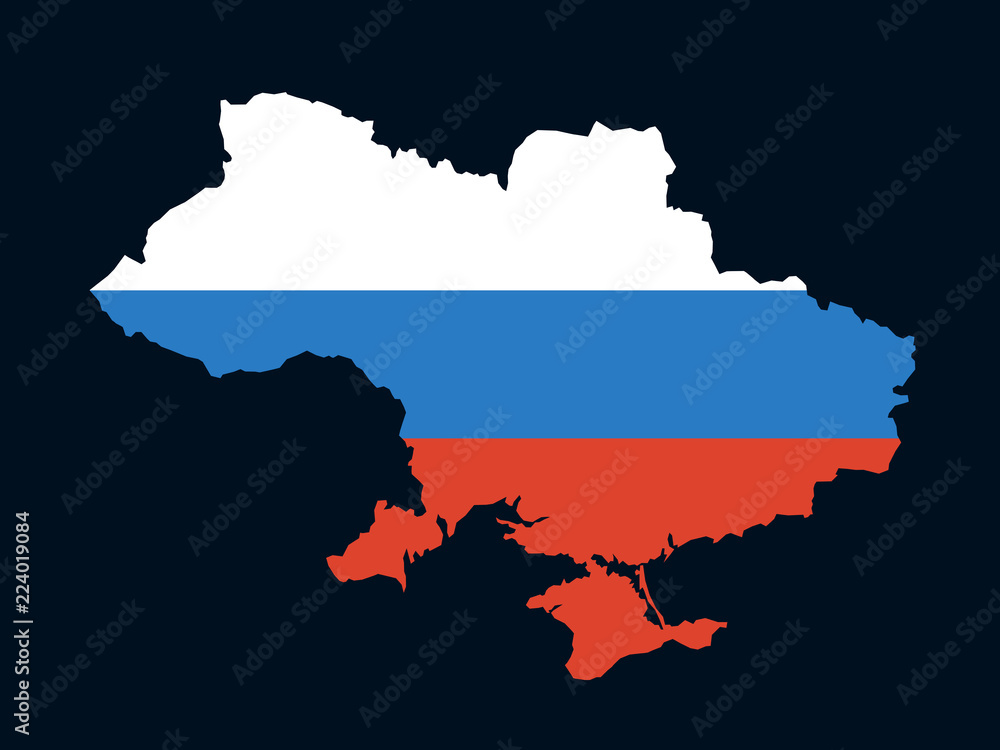 Map of Ukraine in colors of Russia as metaphor of Russian sphere of interest. Political influence, involvement, intervention, annexation and occupation of Ukrainian country by Russian state Map of Ukraine in colors of Russia as metaphor of Russian sphere of interest. Political influence, involvement, intervention, annexation and occupation of Ukrainian country by Russian state