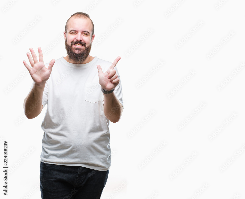Young caucasian hipster man wearing casual t-shirt over isolated background showing and pointing up with fingers number seven while smiling confident and happy. Young caucasian hipster man wearing casual t-shirt over isolated background showing and pointing up with fingers number seven while smiling confident and happy.