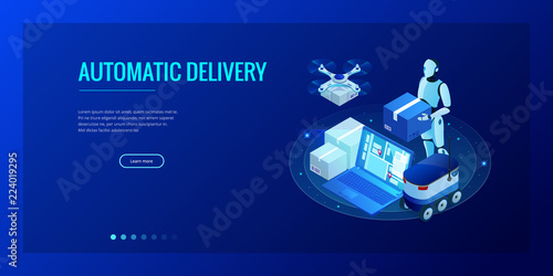 Isometric Drone Fast Delivery of goods in the city. Technological shipment innovation concept. Autonomous logistics. Robot delivery web concept