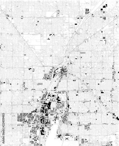 Cartina di Las Vegas, vista satellitare, mappa in bianco e nero. Stradario e mappa della città. Nevada,  Stati Uniti 