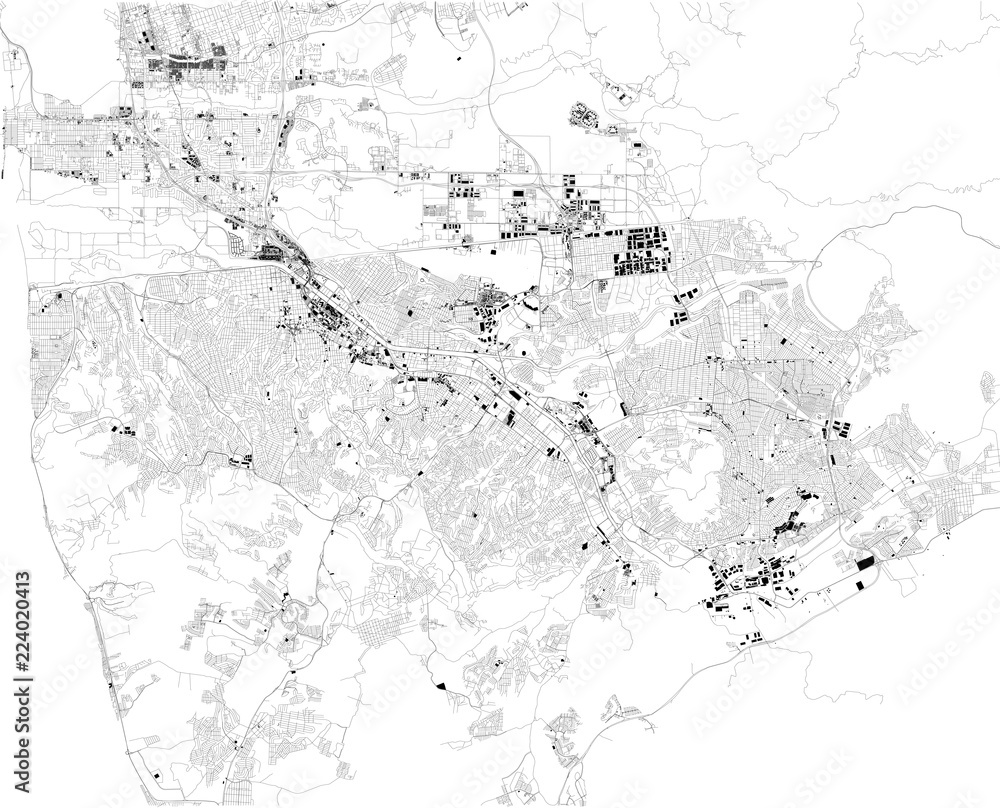 Cartina di Tijuana, vista satellitare, mappa in bianco e nero. Stradario e mappa della città. Messico, California. Confine