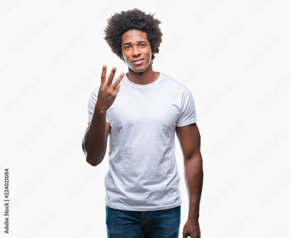 Afro american man over isolated background showing and pointing up with fingers number three while smiling confident and happy. Afro american man over isolated background showing and pointing up with fingers number three while smiling confident and happy.