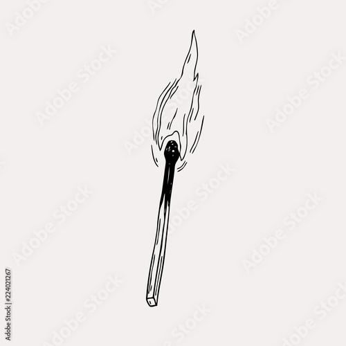 Vector hand drawn burning match. Graphic match with fire.