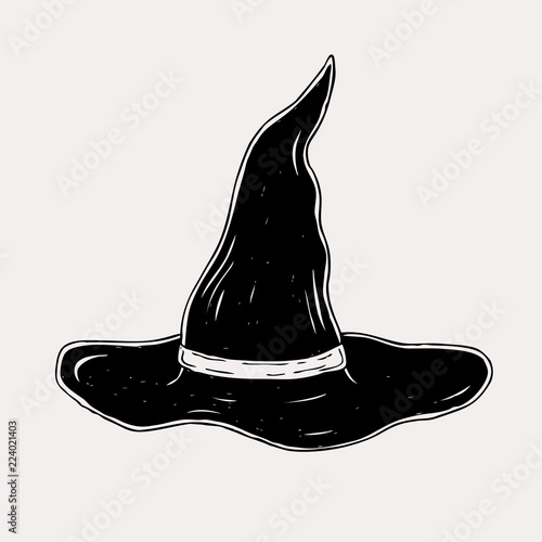 Black hand drawn witch hat illustration. Graphic sketch for posters, tattoo, clothes, t-shirt design, pins, patches, badges, stickers.